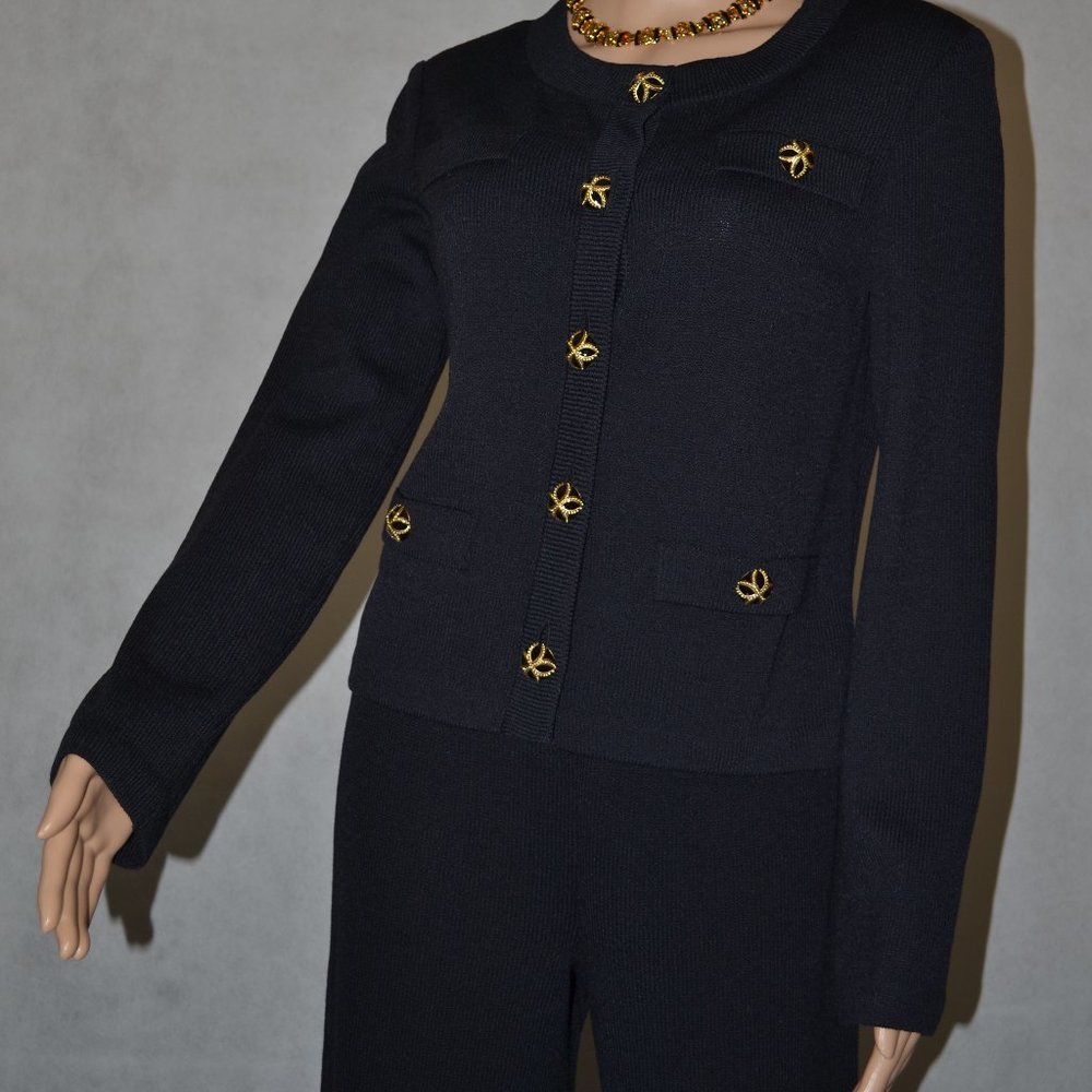 (FABULOUS) ST. JOHN COLLECTION BLACK FIVE BUTTON JACKET 4 & PANTS 2 Suit - Picture 2 of 12